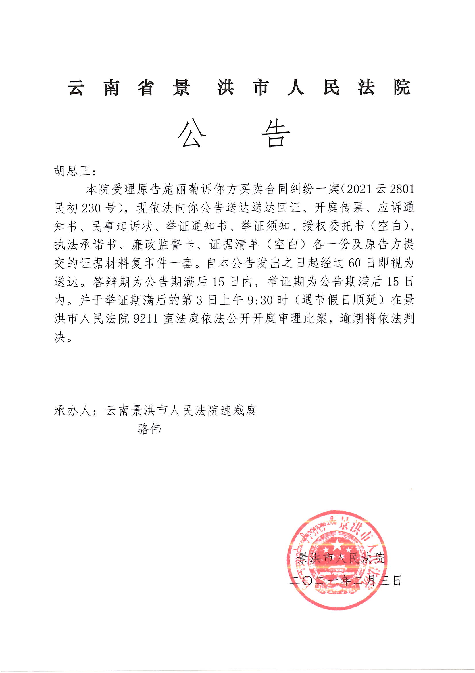 胡思正传票公告