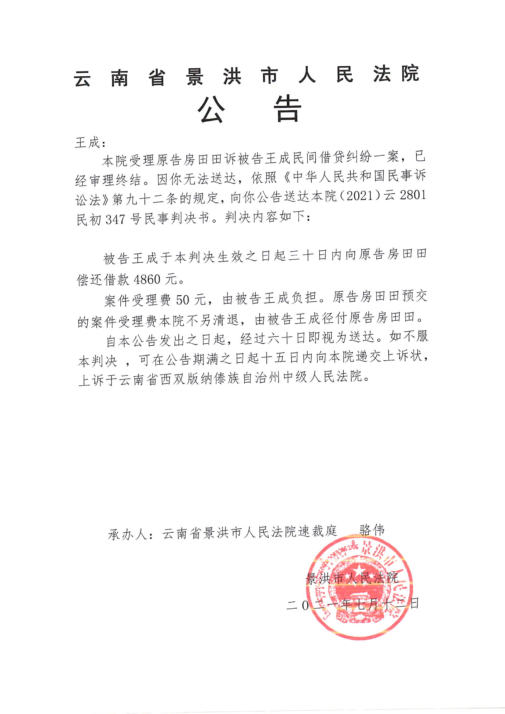 王成判决公告